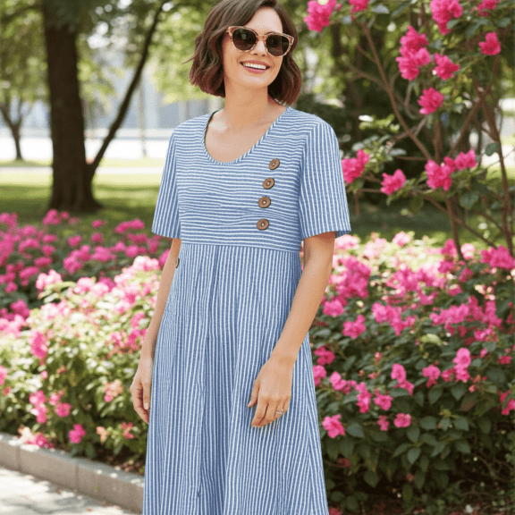 3/4 Sleeves Comfy Casual Striped Crew Neck Midi Dress - Image 1