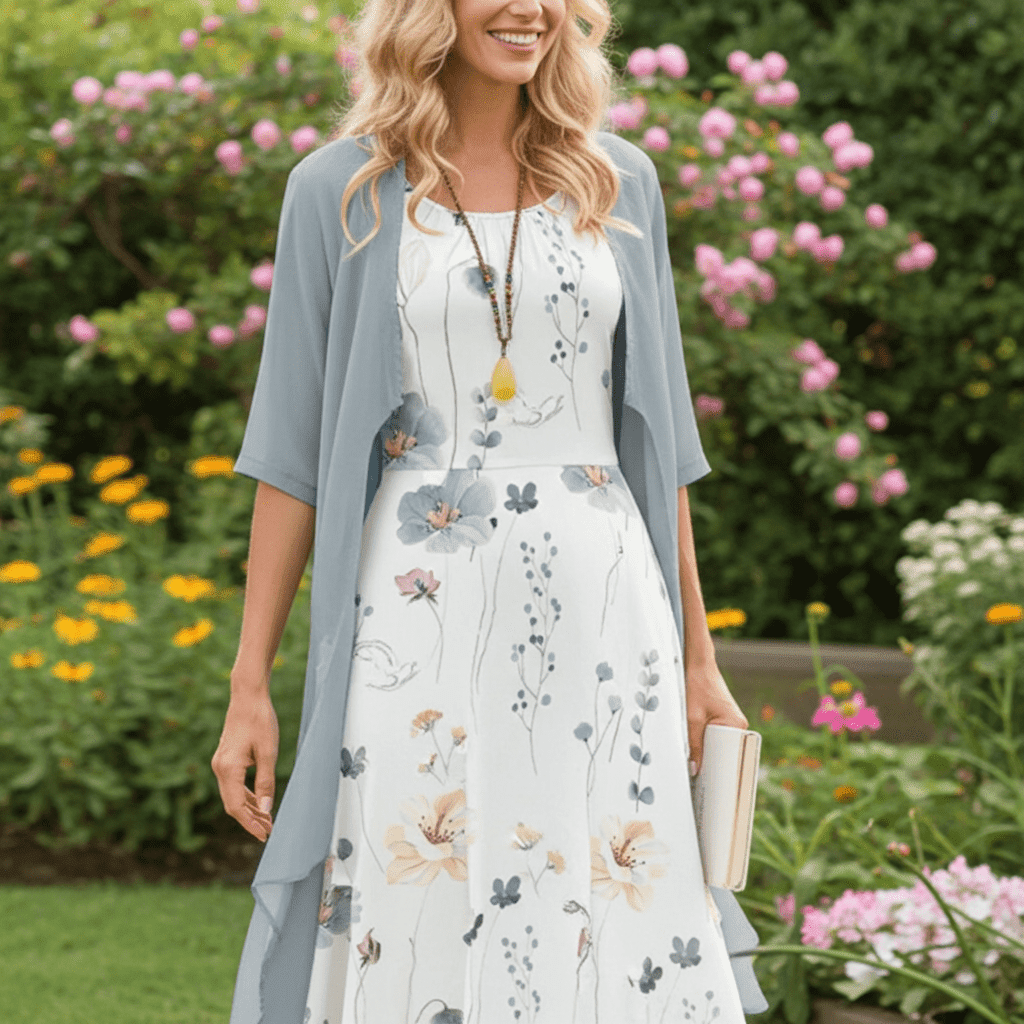 Floral Crew Neck Half Sleeves Two Piece Midi Dress - Image 1