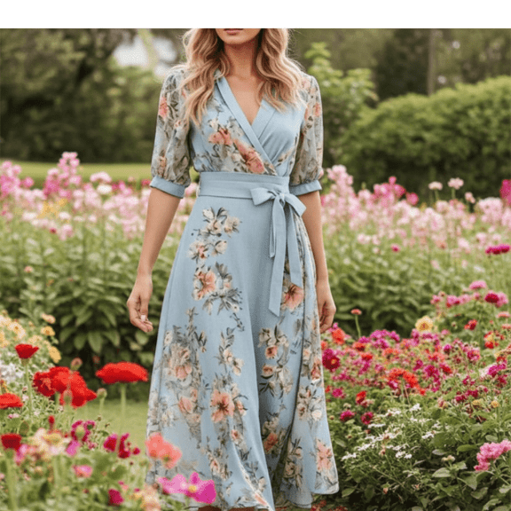Blue V-Neck Short Sleeve Midi Dress - Image 1