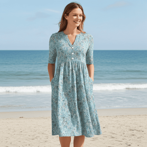 V-Neck Casual Loose Floral Vacation Half Sleeve Midi Dress - Image 1