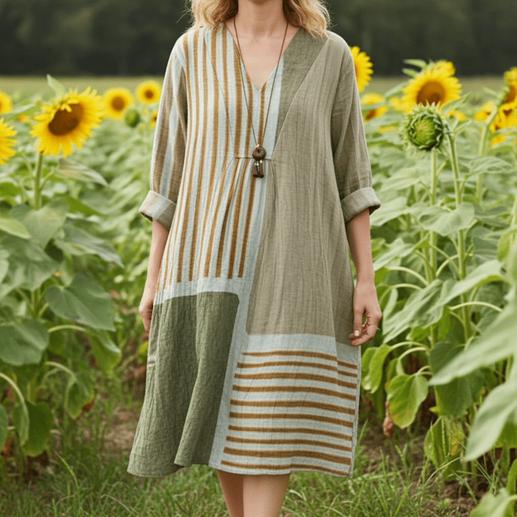 Abstract Pattern Art Print V-neck Long Sleeve Cotton Dress - Image 1